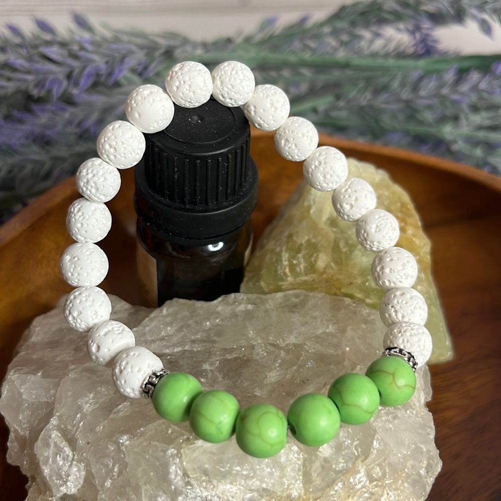 NEW Chakra Green King Stones Essential Oil Diffuser Bracelet White